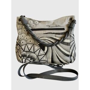 Anna by Anuschka Med Shopper Bag Nad Panted Leather Rustic Bouquet Black Gray